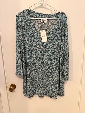 Leota Black, Blue & Mint Bird-Print Tunic 4L NWT